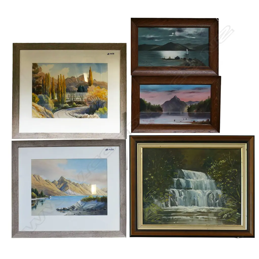 5 ARTWORKS; P. G. HALL WATERFALL OIL 395x495mm, 2 LANDSCAPE WCs, 2 D. A. THOMSON LAKE OILS 195x370mm  Image 1++