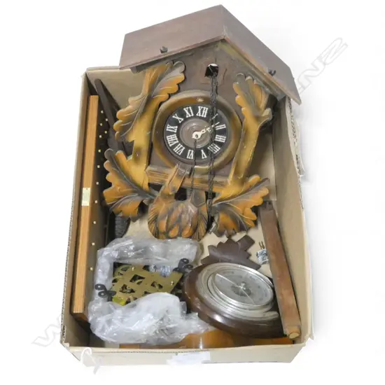 BOX OF CLOCK PARTS CUCKOO CLOCK WALL BAROMETER ETC