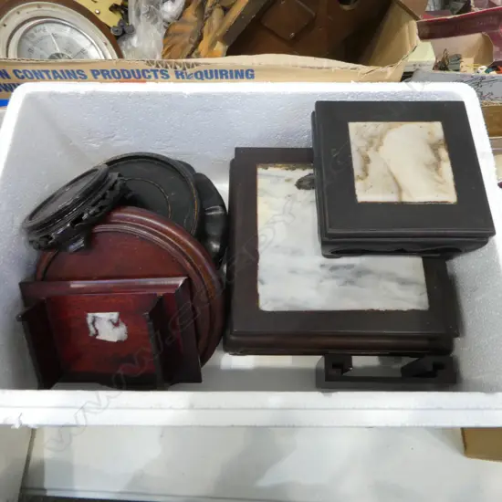 7 CHINESE CARVED WOOD STANDS 2 WITH MARBLE INLAYS