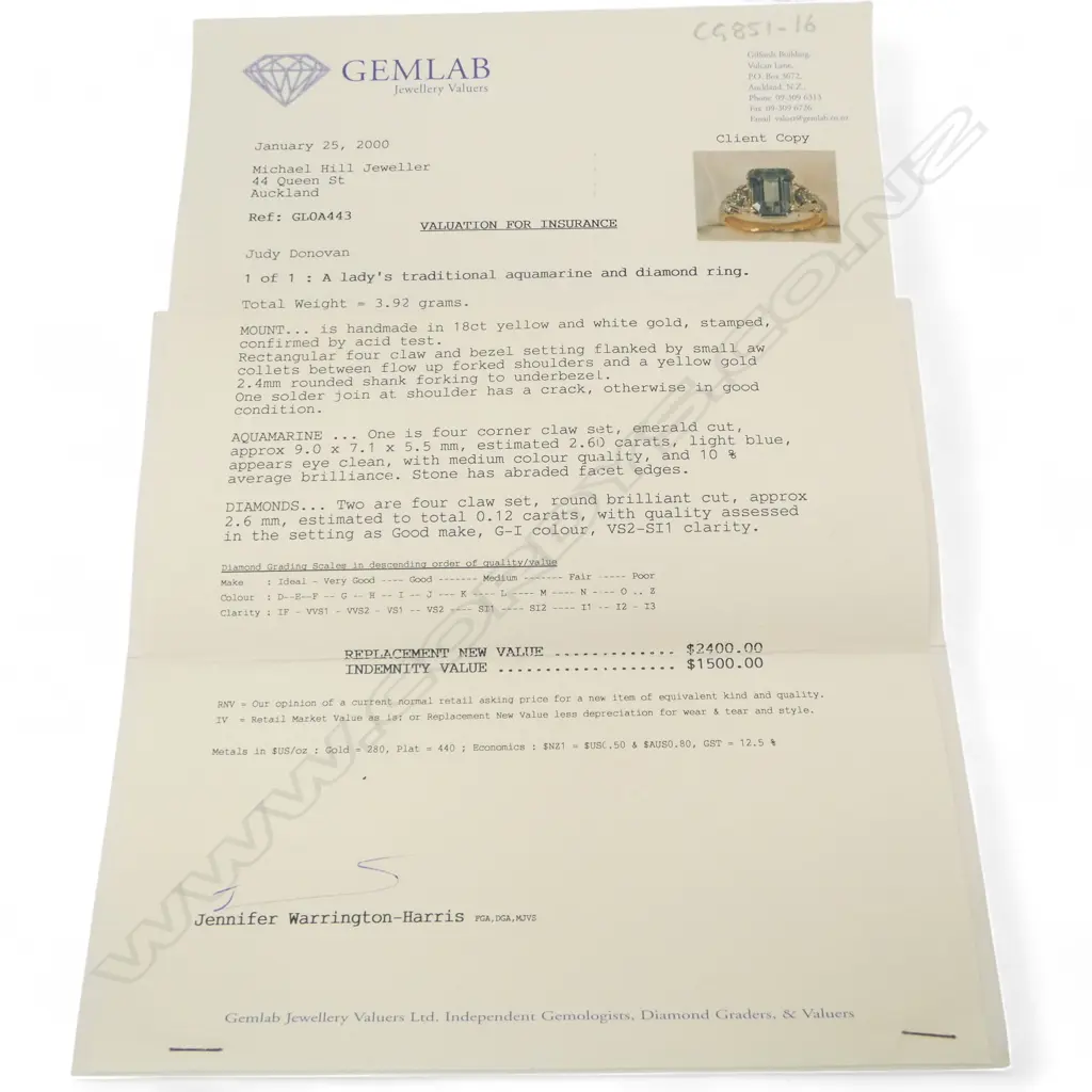 18ct 2 TONE GOLD, DIAMOND & approx. 2.60ct AQUAMARINE RING 3.92gms  Valuation dated 2000, stone abraded SIZE L Image 1++