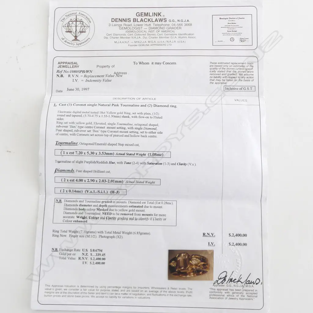 18ct Y/GOLD & PINK TOURMALINE DIAMOND DRESS RING 6.7gms SIZE N 1/2 VALUATION $ 2400.00 Image 1++