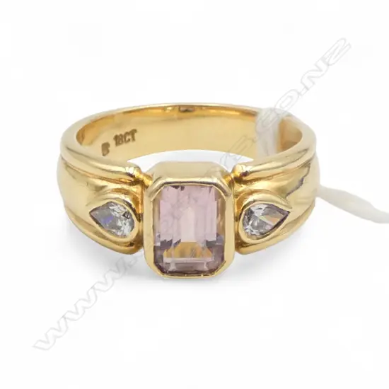 18ct Y/GOLD & PINK TOURMALINE DIAMOND DRESS RING 6.7gms SIZE N 1/2 VALUATION $ 2400.00