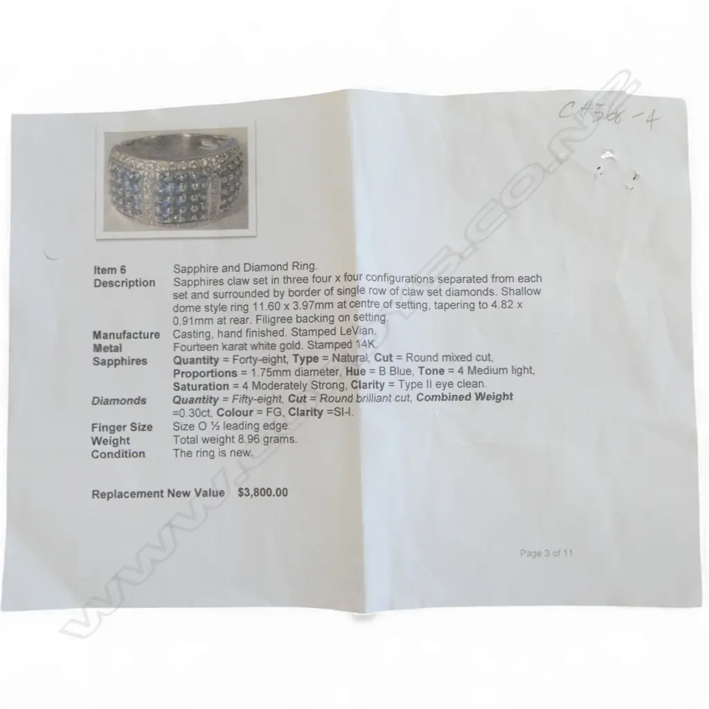 14ct WHITE GOLD DIAMOND & SAPPHIRE WIDE BAND, 8.96gm, valuation SIZE O Image 1++