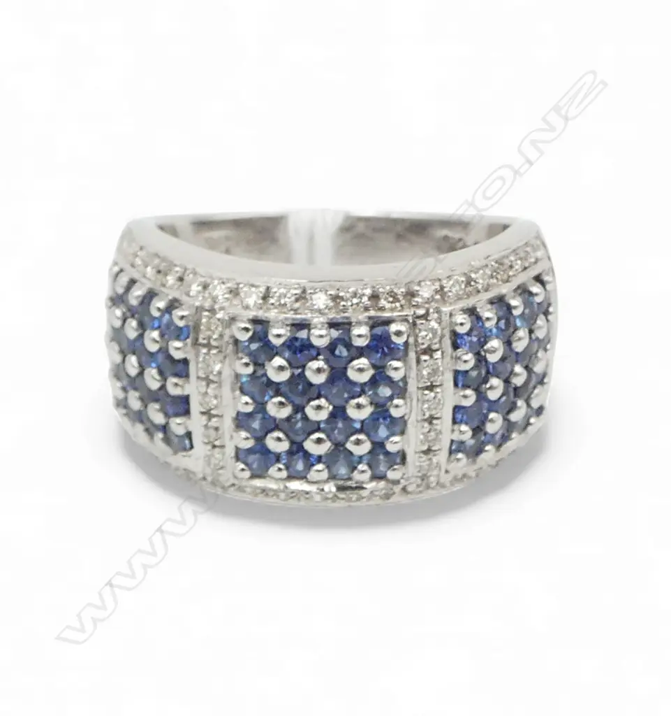 14ct WHITE GOLD DIAMOND & SAPPHIRE WIDE BAND, 8.96gm, valuation SIZE O Image 1++