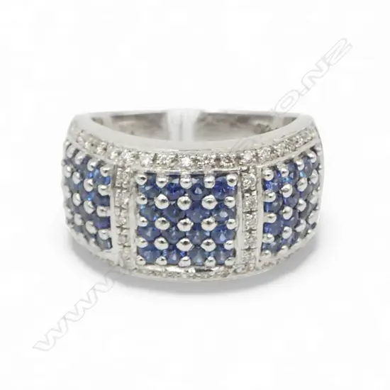 14ct WHITE GOLD DIAMOND & SAPPHIRE WIDE BAND, 8.96gm, valuation SIZE O
