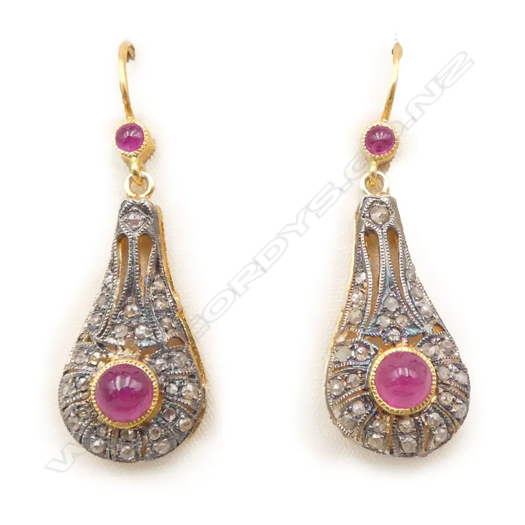 ANTIQUE STYLE PAIR OF SILVER GILT EARRINGS ROSE CUT DIAMONDS (0.80ct) RUBIES (0.60CT) Image 1++