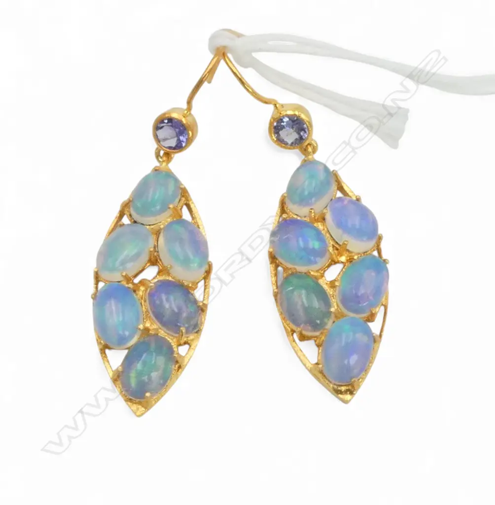 ANTIQUE STYLE PAIR SILVER GILT EARRINGS TANZANITE AND CABOCHON OPALS Image 1++