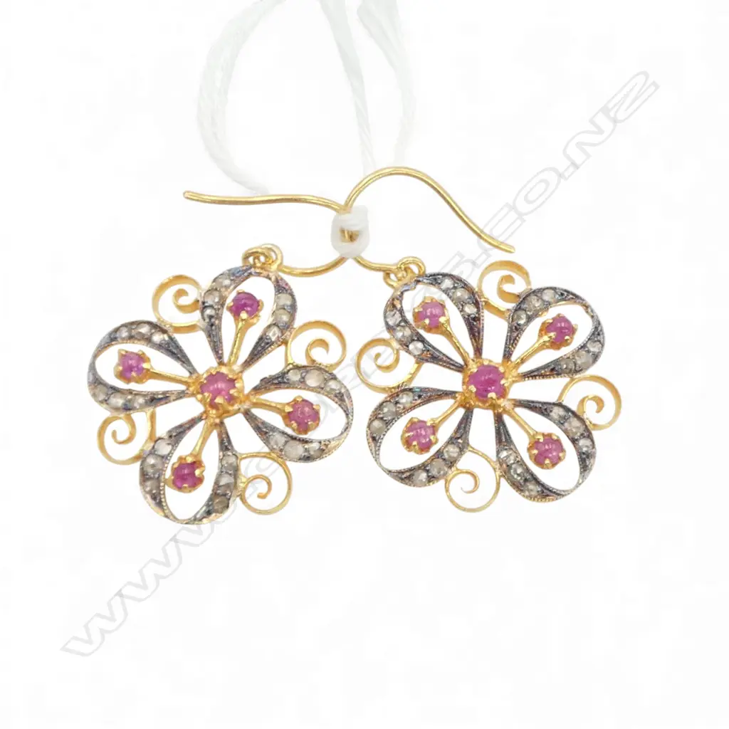 ANTIQUE STYLE PAIR SILVER GILT EARRINGS ROSE CUT DIAMONDS (0.40ct) RUBIES (0.50ct) Image 1++
