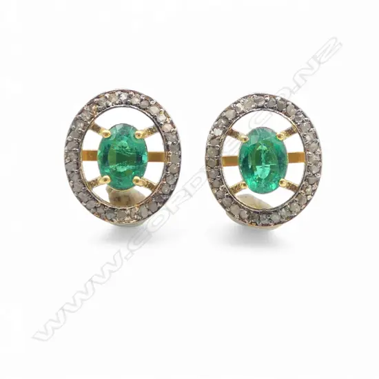 ANTIQUE STYLE PAIR SILVER GILT EARRINGS ROSE CUT DIAMONDS AND SYNTHETIC EMERALDS (no butterfly backs)