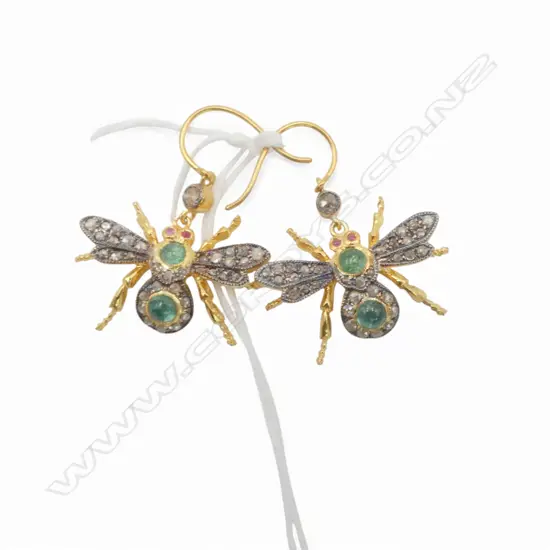 ANTIQUE STYLE PAIR SILVER GILT INSECT EARRINGS ROSE CUT DIAMONDS (0.60ct) EMERALDS (0.50ct) RED SPINEL