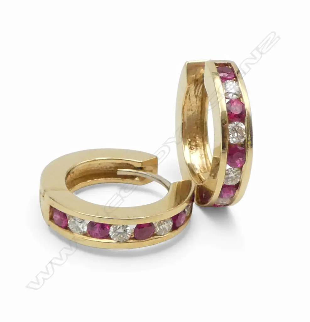 14ct RUBY & DIAMOND HUGGIE STYLE EARRINGS, 6.50gm, valuation Image 1++