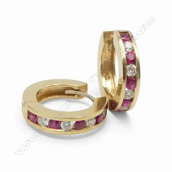 14ct RUBY & DIAMOND HUGGIE STYLE EARRINGS, 6.50gm, valuation