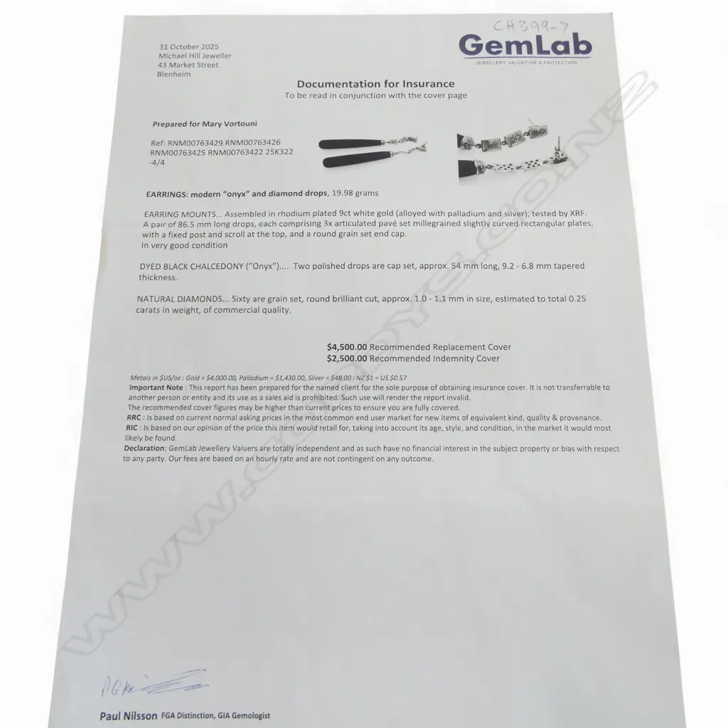 9CT WHITE GOLD DIAMOND BLACK CHALCEDONY ART DECO STYLE EARRINGS (valuation) Image 1++