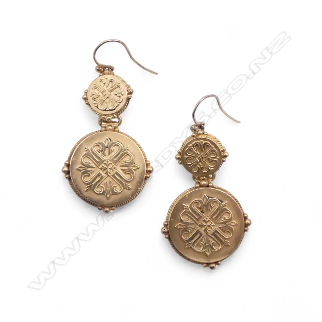 Pair of late Victorian 9ct gold  earrings each with two round graduating circular drops 6.8gms Image 1++