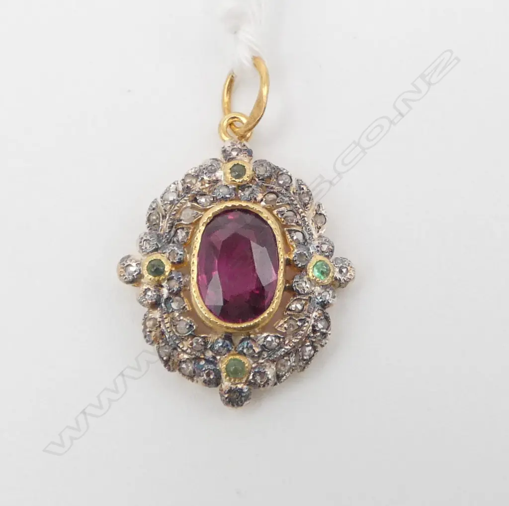 ANTIQUE STYLE SILVER GILT PENDANT ROSE CUT DIAMONDS (0.30ct) EMERALDS (10ct) RHODOLITE GARNET 1.5ct 14ct GOLD BALE Image 1++