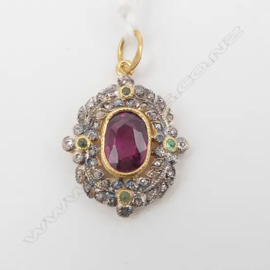 ANTIQUE STYLE SILVER GILT PENDANT ROSE CUT DIAMONDS (0.30ct) EMERALDS (10ct) RHODOLITE GARNET 1.5ct 14ct GOLD BALE