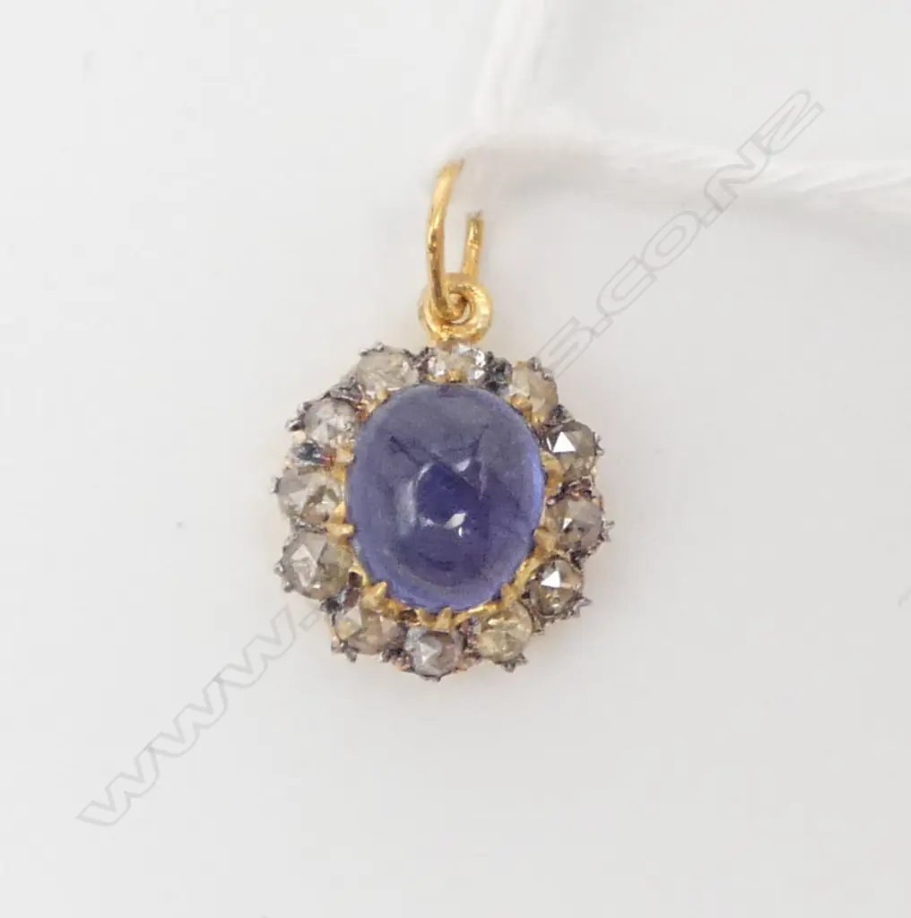ANTIQUE STYLE SILVER GILT PENDANT ROSE CUT DIAMONDS AND CABOCHON SAPPHIRE (treated) Image 1++