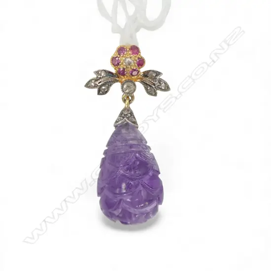 ANTIQUE STYLE SILVER GILT PENDANT ROSE CUT DIAMONDS RUBIES AND DECORATIVE CUT AMETHYST