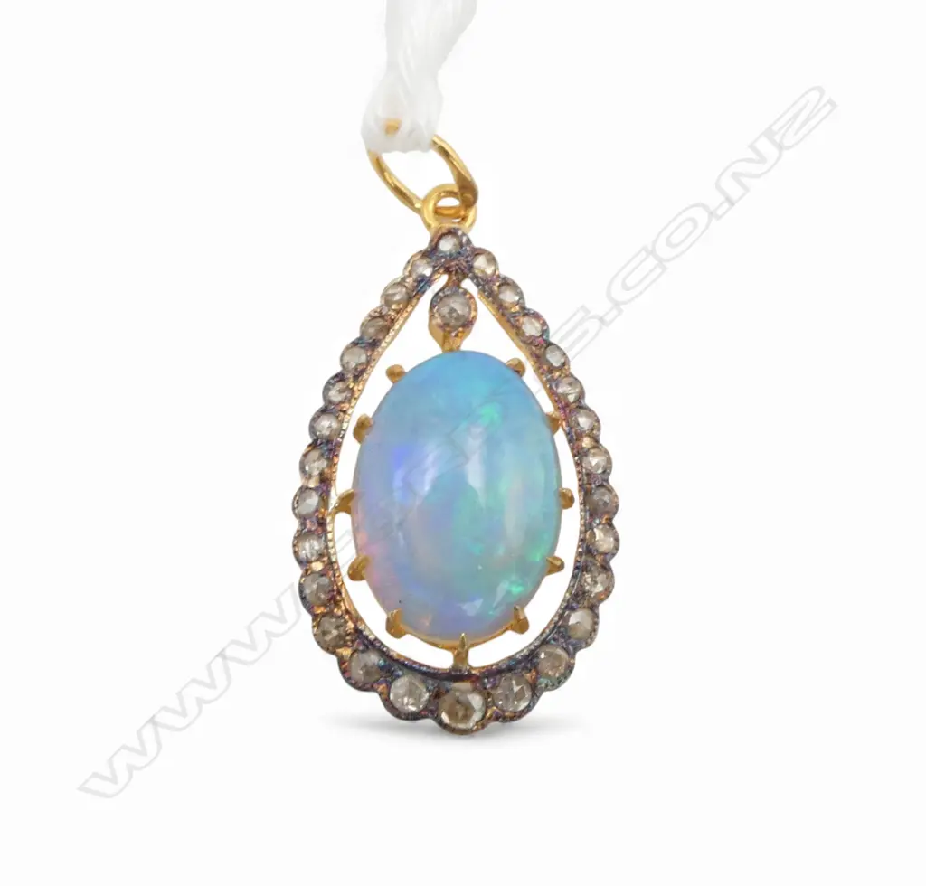 ANTIQUE STYLE SILVER GILT PENDANT ROSE CUT DIAMONDS (0.70ct) 2.70ct OPAL 14ct GOLD BALE Image 1++