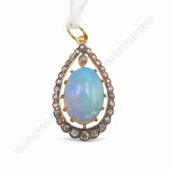ANTIQUE STYLE SILVER GILT PENDANT ROSE CUT DIAMONDS (0.70ct) 2.70ct OPAL 14ct GOLD BALE