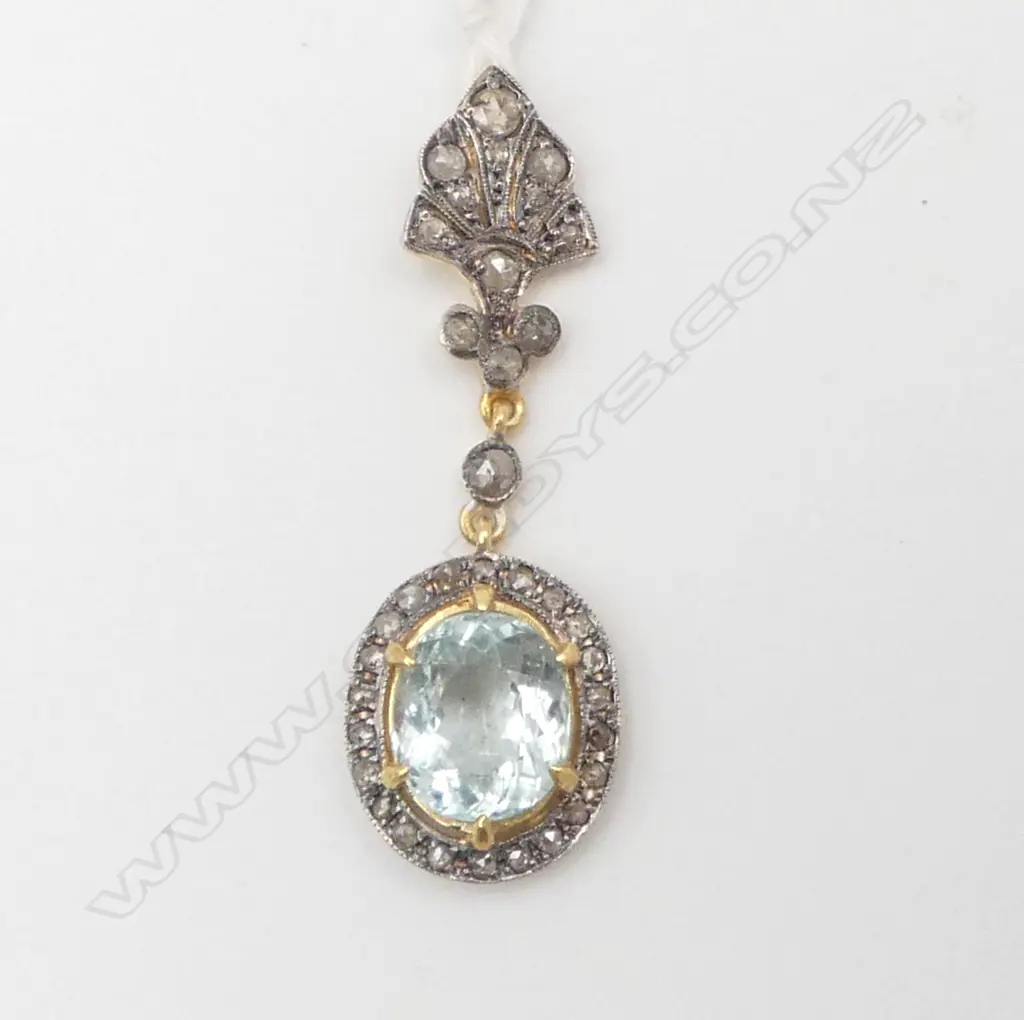 ANTIQUE STYLE SILVER GILT PENDANT ROSE CUT DIAMONDS AND OVAL CUT AQUAMARINE Image 1++
