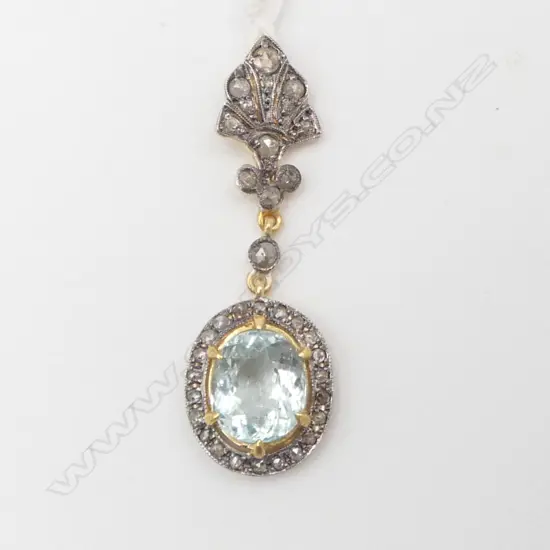 ANTIQUE STYLE SILVER GILT PENDANT ROSE CUT DIAMONDS AND OVAL CUT AQUAMARINE