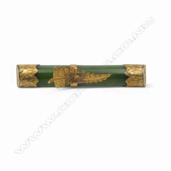 COLONIAL 'N.Z.' 9ct GOLD & POUNAMU BAR BROOCH