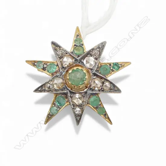 ANTIQUE STYLE SILVER GILT PENDANT/BROOCH ROSE CUT DIAMONDS (0.50ct) EMERALDS (0.60ct) 14ct GOLD BALE