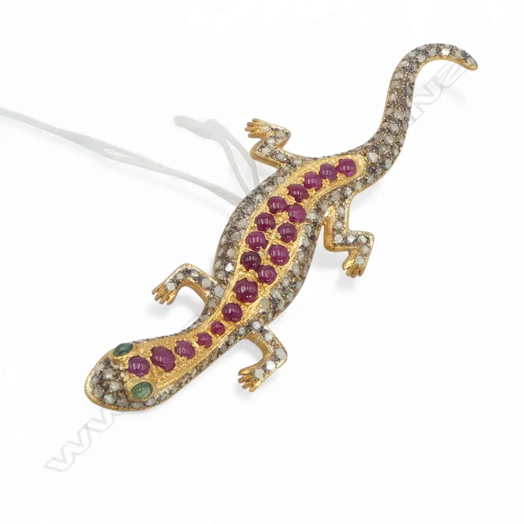 ANTIQUE STYLE SILVER GILT LIZARD BROOCH ROSE CUT DIAMONDS RUBIES AND EMERALDS Image 1++