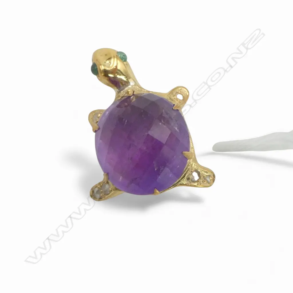 ANTIQUE STYLE SILVER GILT TURTLE BROOCH ROSE CUT DIAMONDS (0.12ct) 9ct AMETHYST EMERALDS (0.04ct) Image 1++