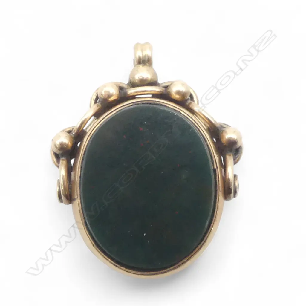 c1900 9ct gold FOB SPINNER  bloodstone & carnelian panels. Chain frame. 8.19gms Image 1++