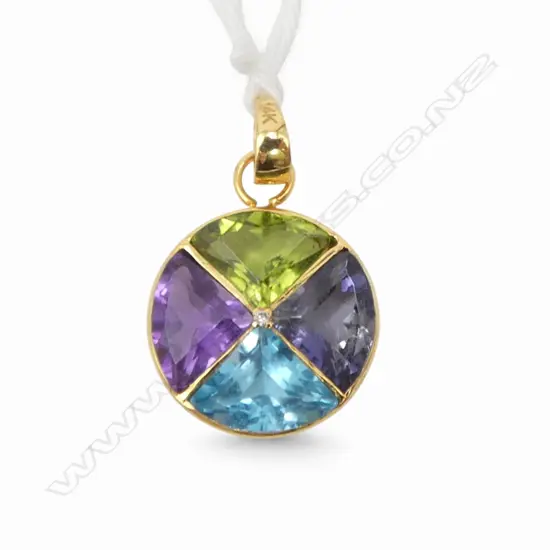14ct GOLD PENDANT w PERIDOT, BLUE TOPAZ, AMETHYST & KYANITE GEMSTONES