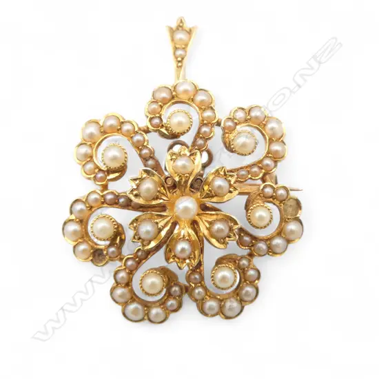 ANTIQUE 15CT SEED PEARL PENDANT BROOCH, 29mm dia, 8.2gms