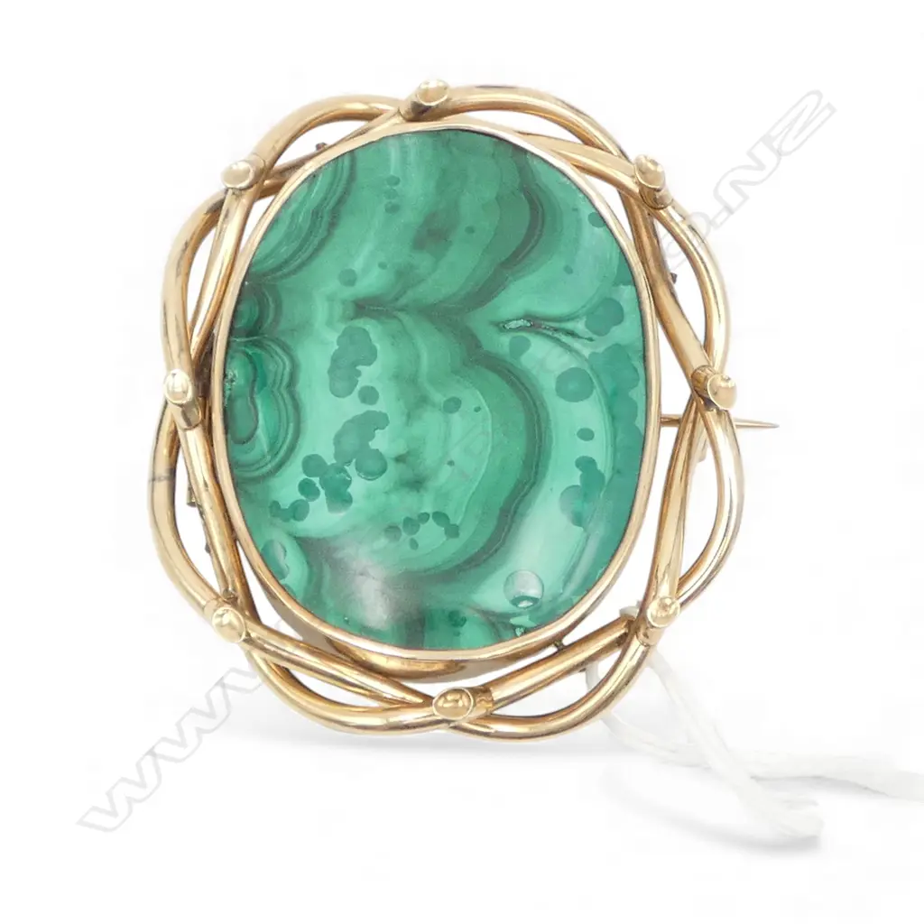 Victorian malachite large heavy gold plate framed brooch Image 1++