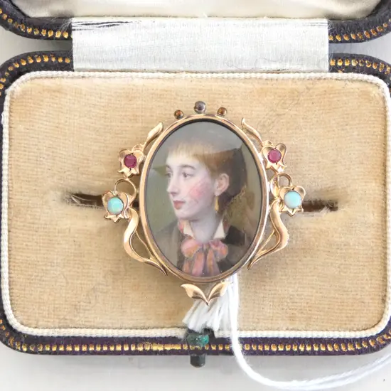 VICTORIAN GOLD PLATED FRAMED MINIATURE IVORY HAND PAINTED BROOCH with small opals
