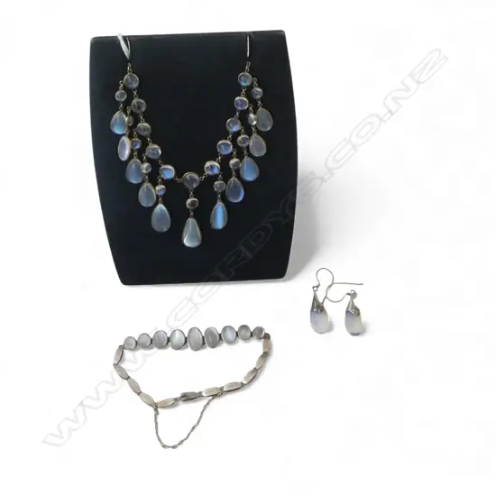 VINTAGE SILVER GILT & MOONSTONE NECKLACE with drops + BRACELET + drop EARRING SET