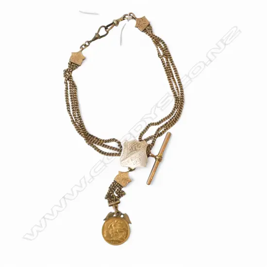 GOLD FOB CHAIN 1 clip plated + gold half sovereign 1915 Sydney. Triple chain. Old valuation.  35.37gms