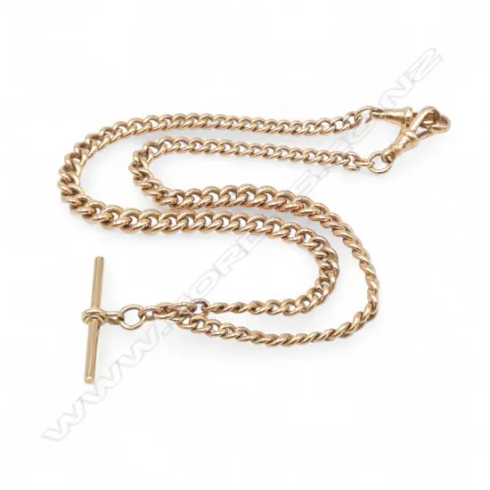 ANTIQUE 9ct ROSE GOLD CURB LINK ALBERT CHAIN w T-bar &  clips L.400mm. 32gms
