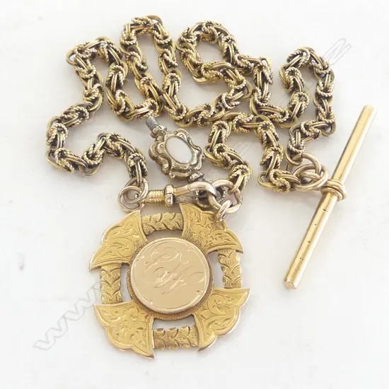 18CT GOLD FOB CHAIN (38gms) & 15CT GOLD FOB MEDAL (13gms)