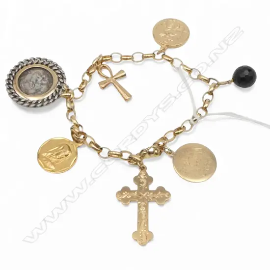 9CT GOLD CHARM BRACELET 24.14gms SILVER & GOLD CHARMS (valuation)