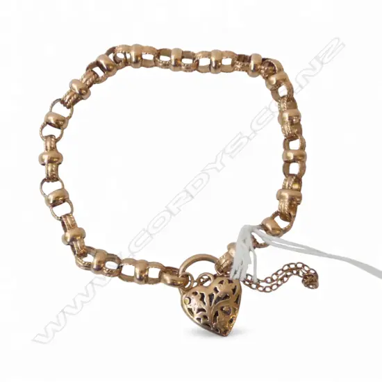 9CT  ROSE GOLD fancy link BRACELET. pierced heart padlock clasp. 14.9gms