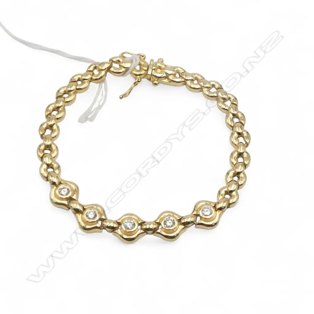 18ct Y/GOLD 5 DIAMOND BRACELET colour H/J clarity VS1 SI2. 20.8gms L.180mm VALUATION $3800.00 1997 Image 1++