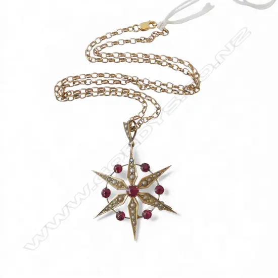 EDWARDIAN 9CT GOLD STAR PENDANT WITH GARNETS? AND PEARLS, 9CT GOLD CHAIN 9.49gms