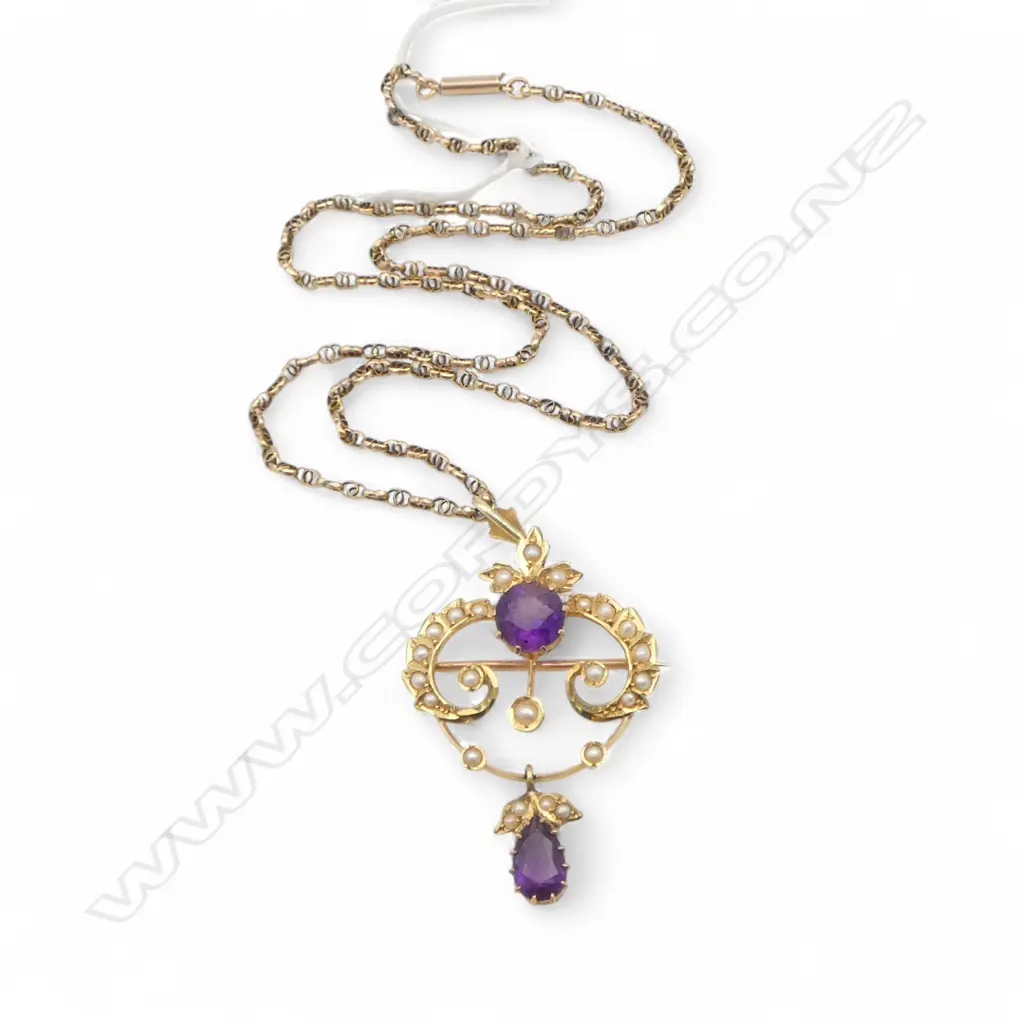 ANTIQUE 15CT AMETHYST PENDANT 6.1gms ON 9CT CHAIN L.450mm 2.7gms Image 1++