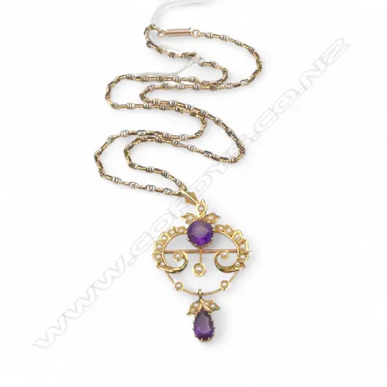 ANTIQUE 15CT AMETHYST PENDANT 6.1gms ON 9CT CHAIN L.450mm 2.7gms