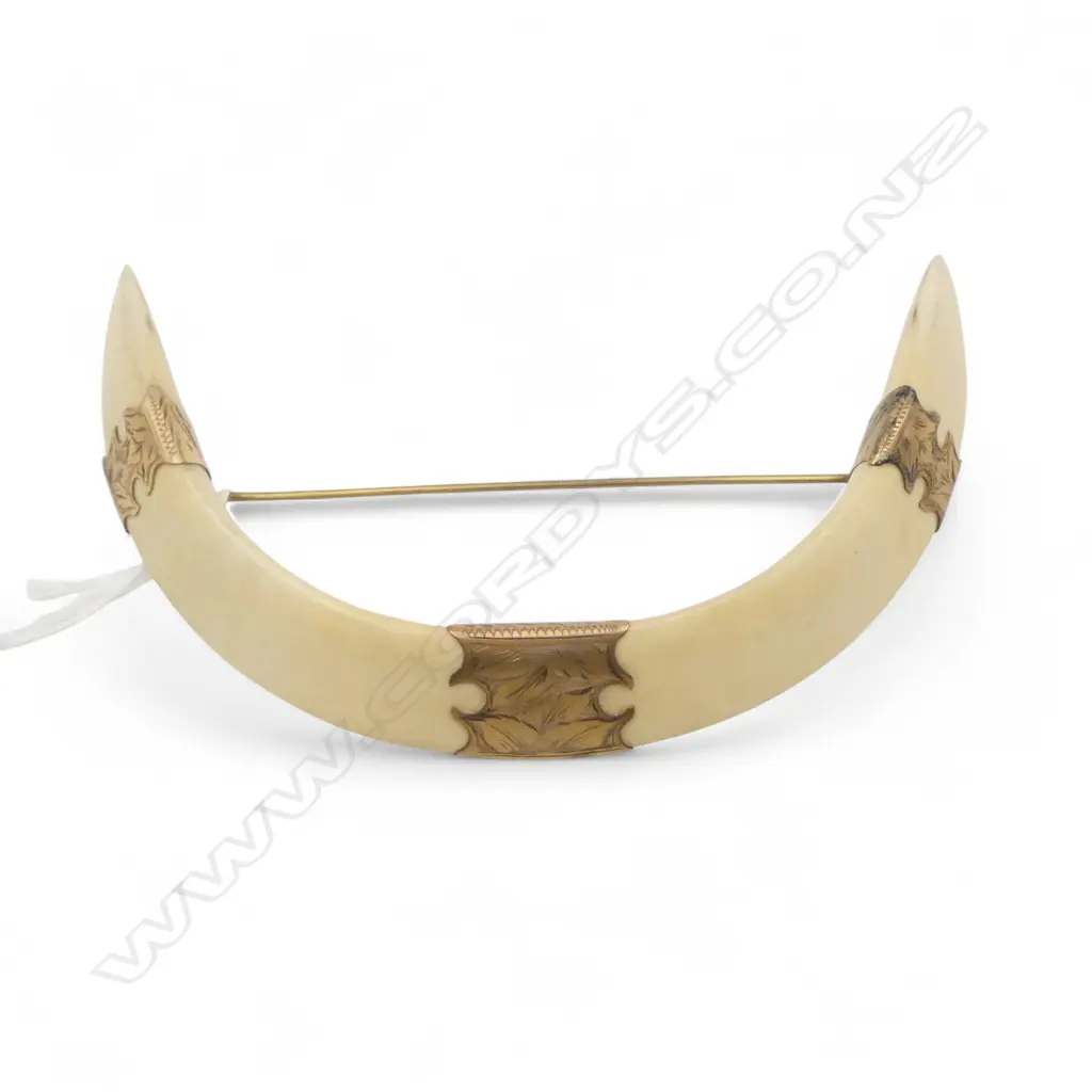 NZ COLONIAL 9ct GOLD DOUBLE TUSK BROOCHW.105mm Image 1++