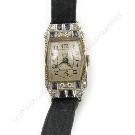 LADIES DECO STYLE 18CT WHITE GOLD SAPPHIRE AND DIAMOND VINTAGE WRIST WATCH 10.67gns