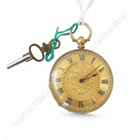 19thC 18CT POCKET WATCH w. KEY. Mid size. Open face. Plated dust cover. Running. 33.6gms.