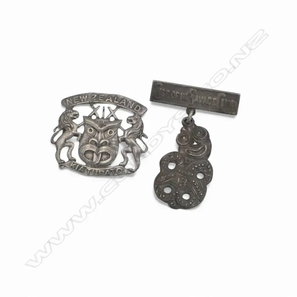 2 ANTIQUE STG SILVER BROOCHES; RARE 'GISBORNE SAVAGE CLUB' (fault) & 'KIA TUPATO' TW 14.25gms Image 1++