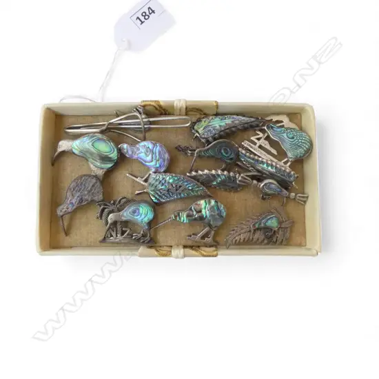 ASST. VINTAGE KIWI & FERN FORM STG SILVER & PAUA BROOCHES